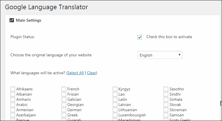 Google Language Translator の設定画面