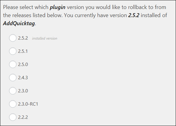 プラグイン一覧から「Rollback」を押すと、プラグインの以前のバージョン一覧が表示される
