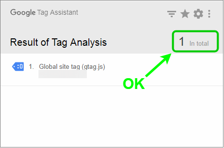 Tag Assistant - タグが重複してなければ「1 in total」と表示される